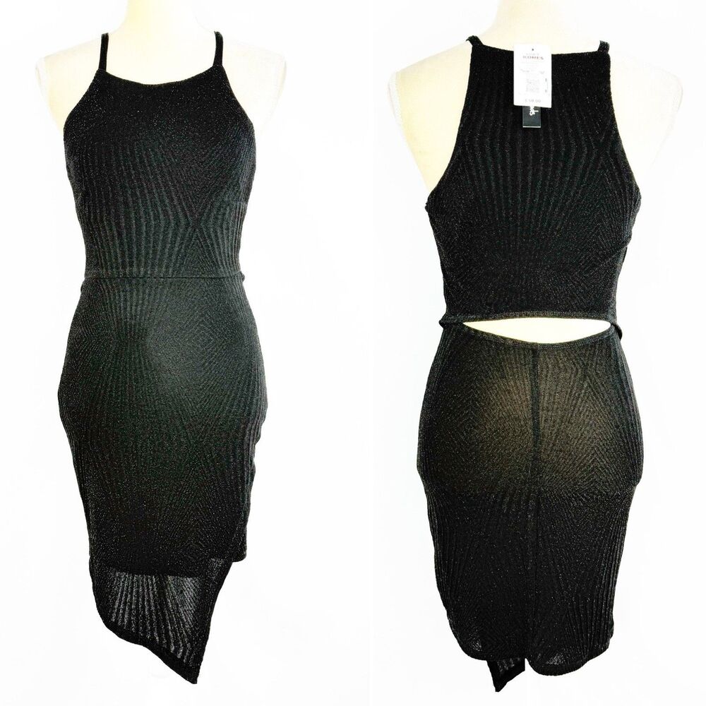 Speechless Black Bodycon Dress Small NWT Cutout Back Glitter Knit Sheer Hem